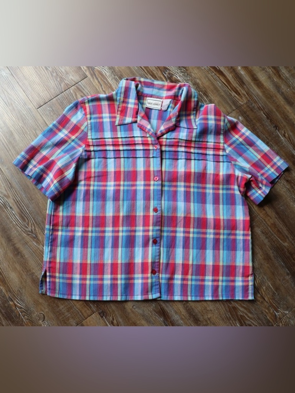 Napa Valley Womens Bright Plaid Crinkle Preppy Short Sleeve Button Up Blouse L?